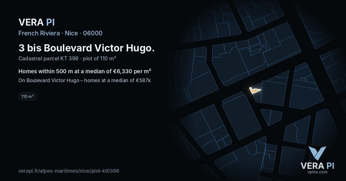 3 bis Boulevard Victor Hugo, Nice at night – the plot lit, the parcels around coloured by the prices near them