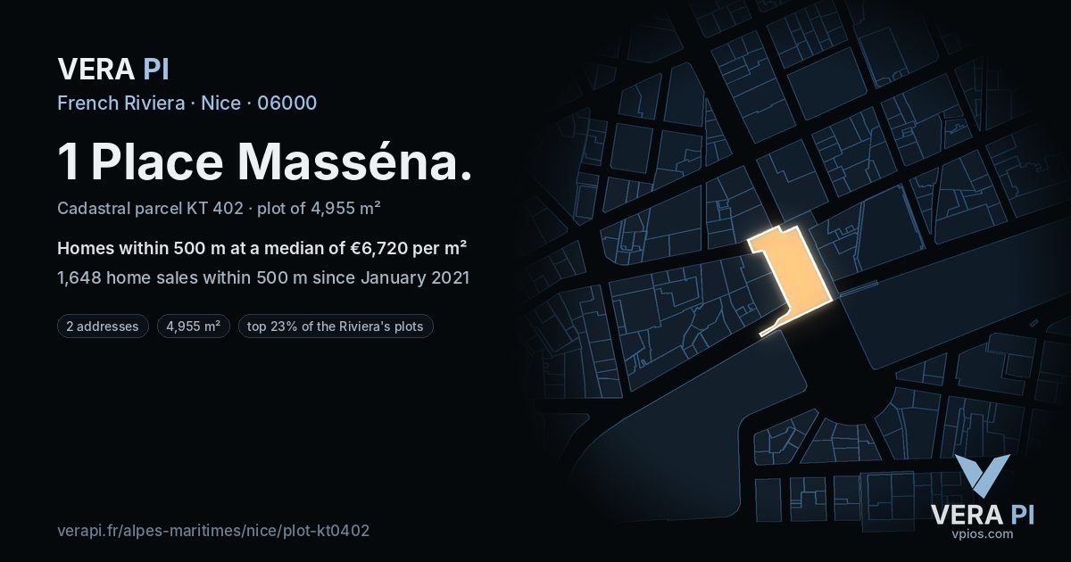1 Place Masséna, Nice at night – the plot lit, the parcels around coloured by the prices near them