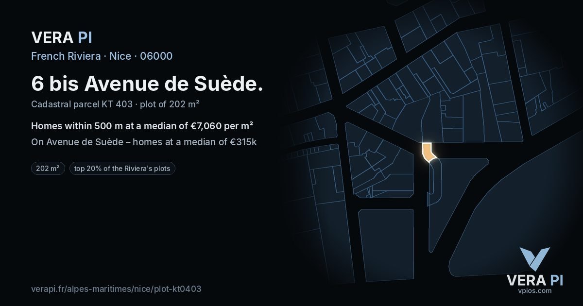 6 bis Avenue de Suède, Nice at night – the plot lit, the parcels around coloured by the prices near them