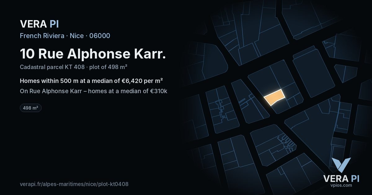 10 Rue Alphonse Karr, Nice at night – the plot lit, the parcels around coloured by the prices near them