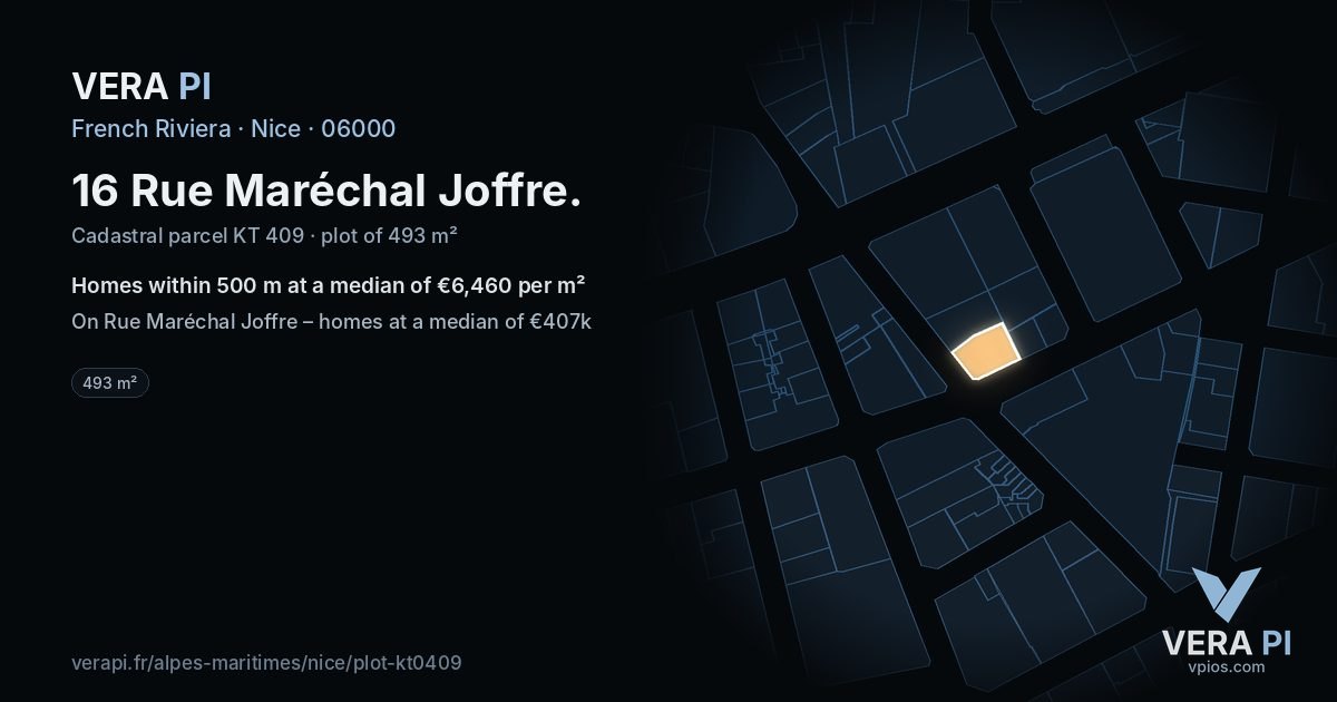16 Rue Maréchal Joffre, Nice at night – the plot lit, the parcels around coloured by the prices near them