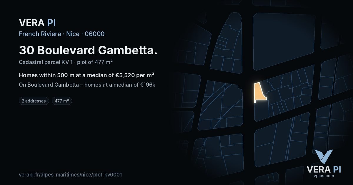 30 Boulevard Gambetta, Nice at night – the plot lit, the parcels around coloured by the prices near them