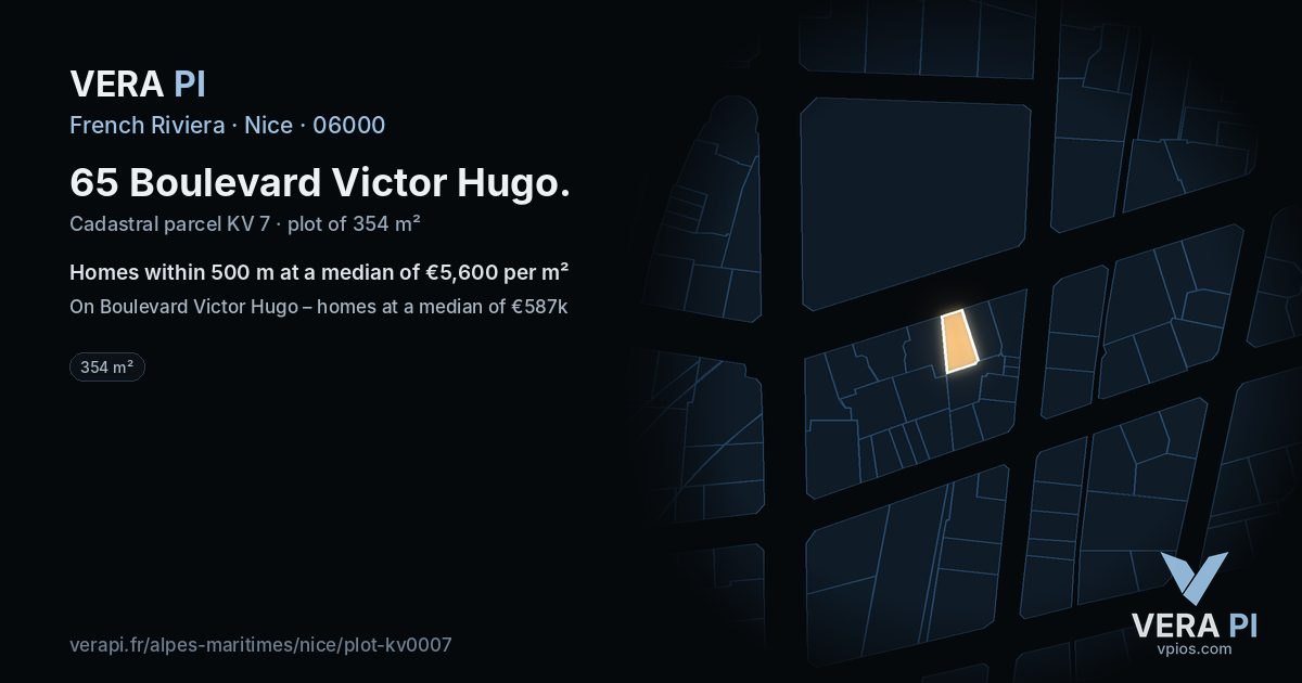 65 Boulevard Victor Hugo, Nice at night – the plot lit, the parcels around coloured by the prices near them