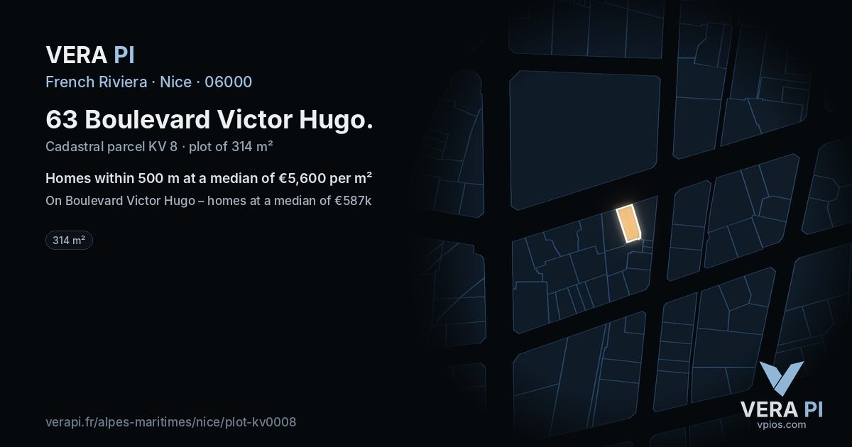 63 Boulevard Victor Hugo, Nice at night – the plot lit, the parcels around coloured by the prices near them