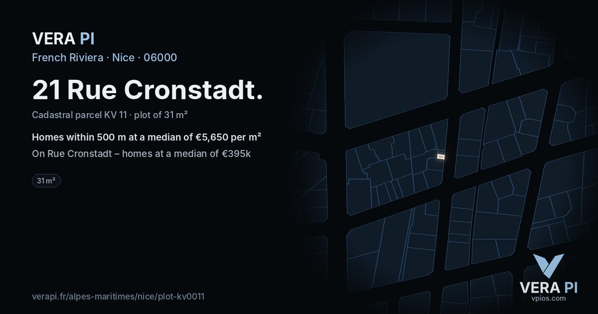 21 Rue Cronstadt, Nice at night – the plot lit, the parcels around coloured by the prices near them