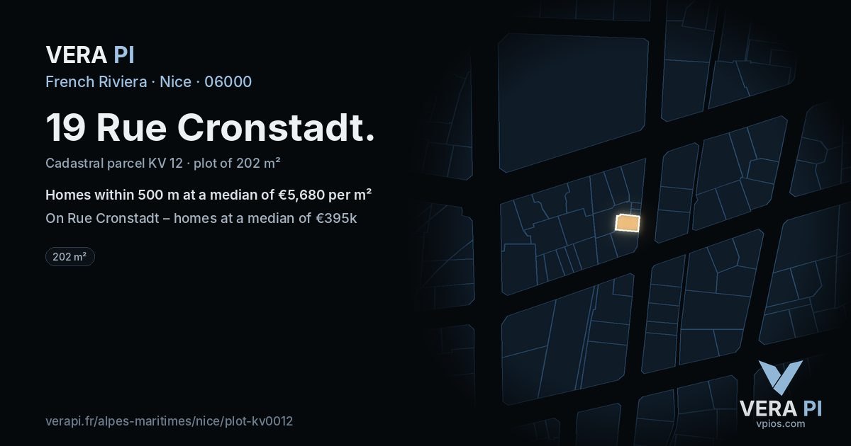19 Rue Cronstadt, Nice at night – the plot lit, the parcels around coloured by the prices near them
