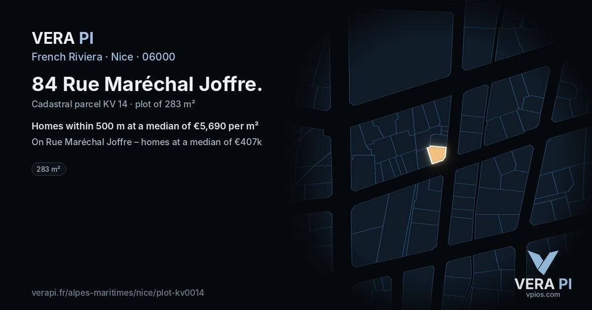 84 Rue Maréchal Joffre, Nice at night – the plot lit, the parcels around coloured by the prices near them