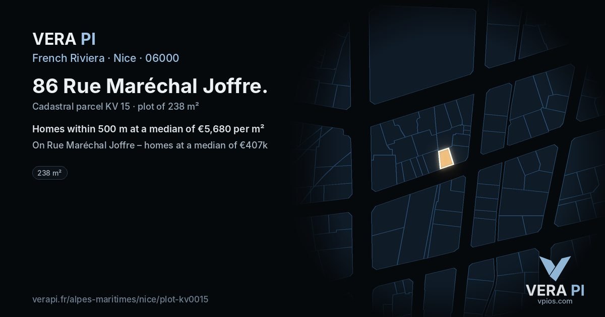 86 Rue Maréchal Joffre, Nice at night – the plot lit, the parcels around coloured by the prices near them