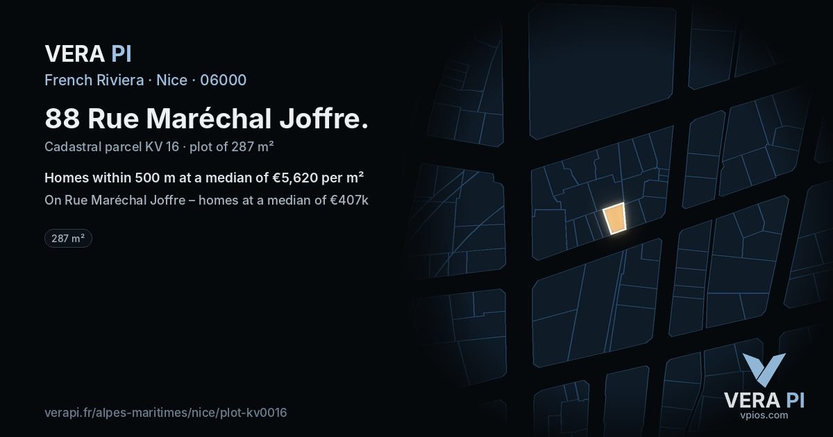88 Rue Maréchal Joffre, Nice at night – the plot lit, the parcels around coloured by the prices near them