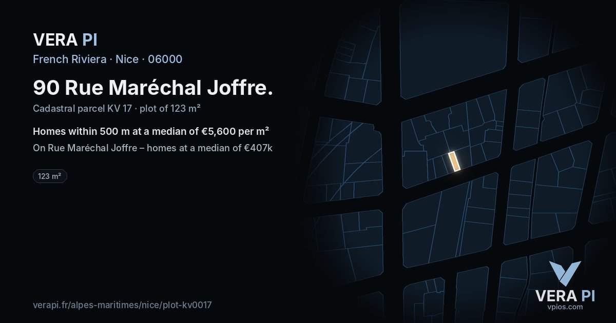 90 Rue Maréchal Joffre, Nice at night – the plot lit, the parcels around coloured by the prices near them