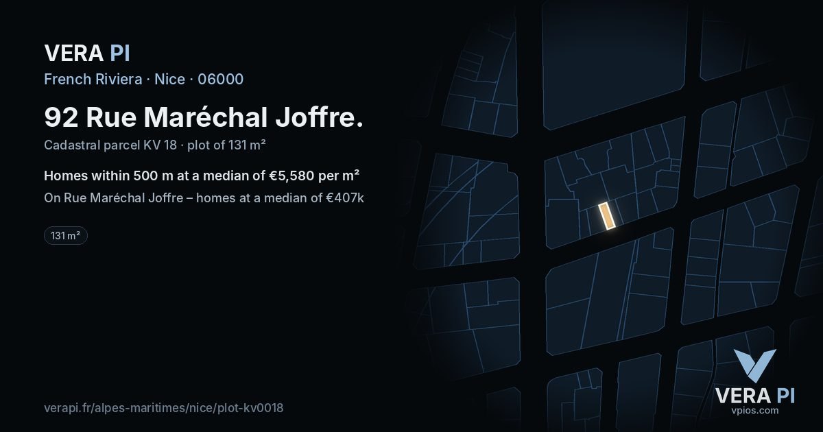 92 Rue Maréchal Joffre, Nice at night – the plot lit, the parcels around coloured by the prices near them