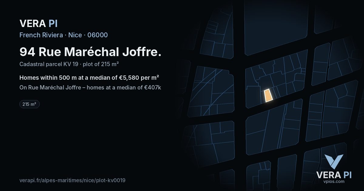 94 Rue Maréchal Joffre, Nice at night – the plot lit, the parcels around coloured by the prices near them