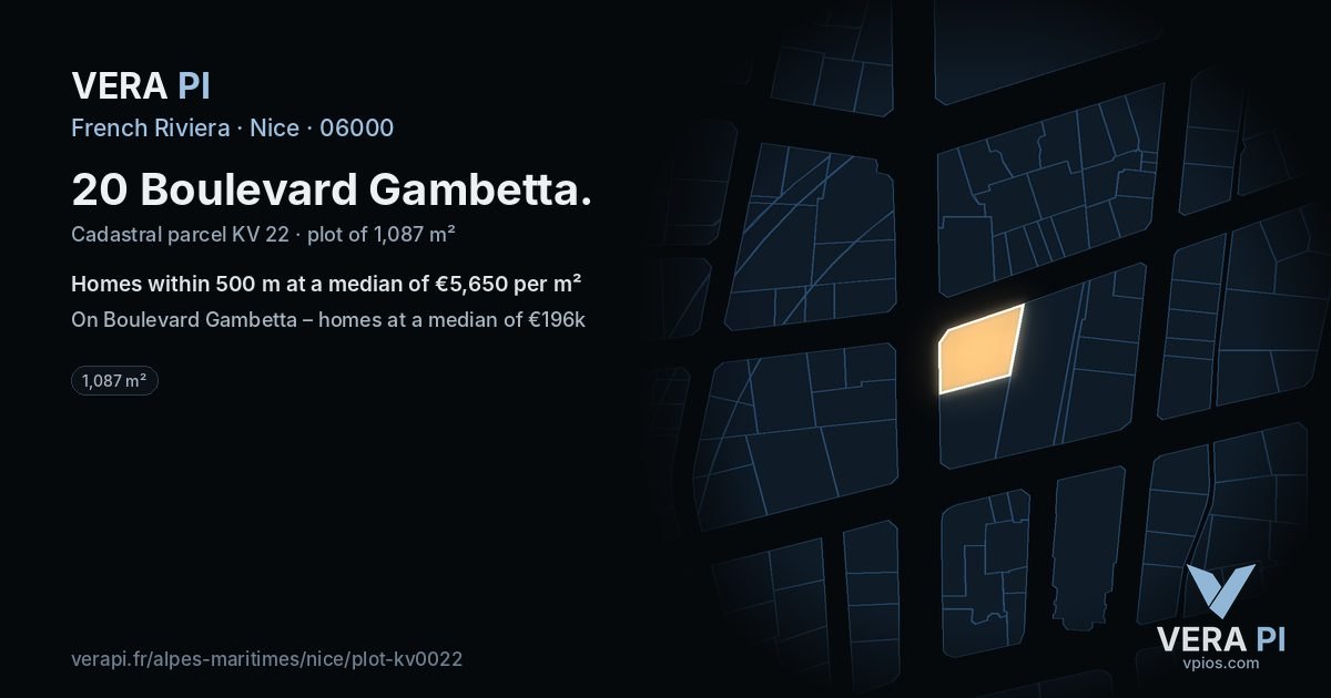 20 Boulevard Gambetta, Nice at night – the plot lit, the parcels around coloured by the prices near them