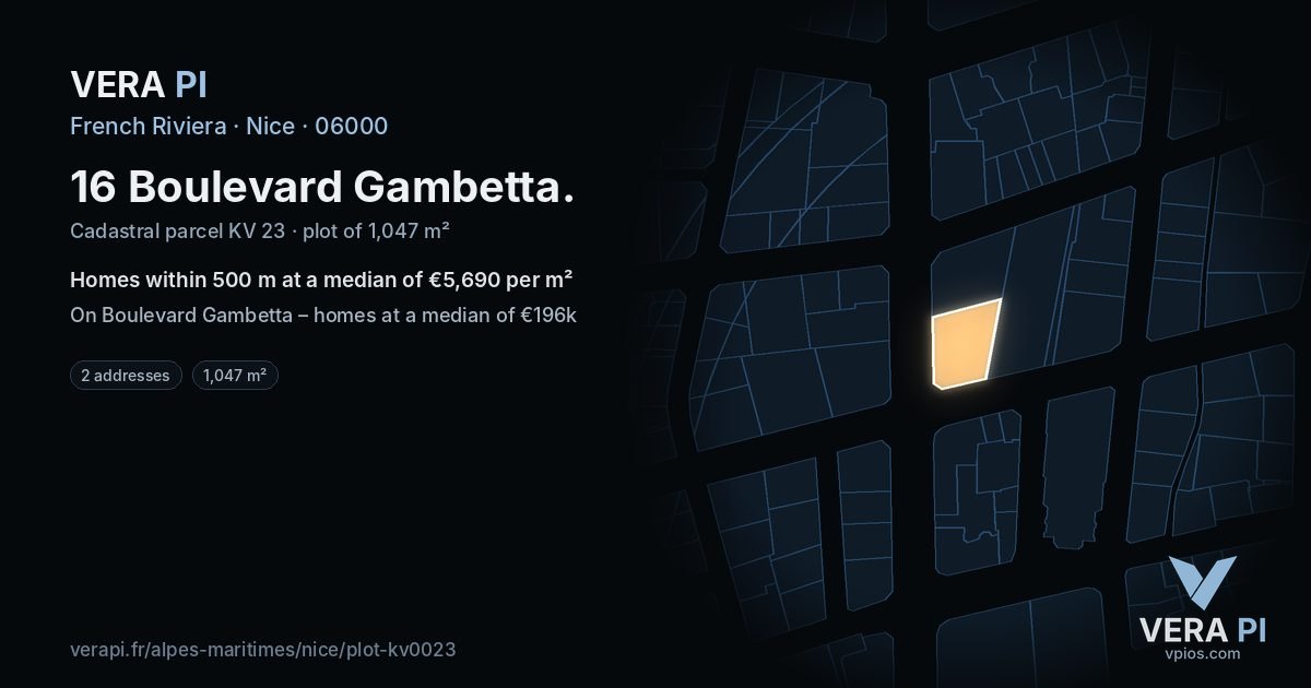 16 Boulevard Gambetta, Nice at night – the plot lit, the parcels around coloured by the prices near them
