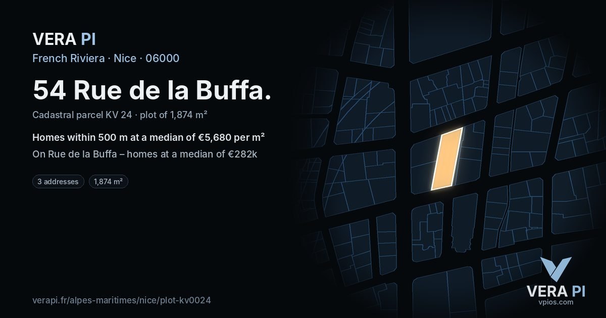 54 Rue de la Buffa, Nice at night – the plot lit, the parcels around coloured by the prices near them