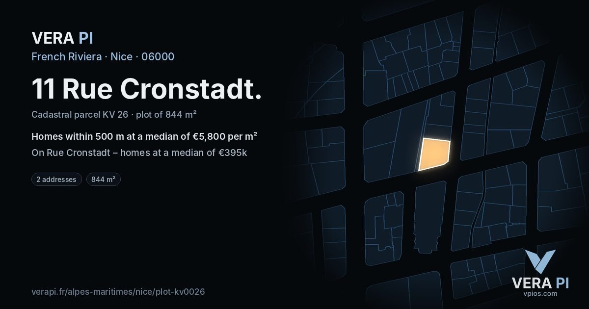 11 Rue Cronstadt, Nice at night – the plot lit, the parcels around coloured by the prices near them