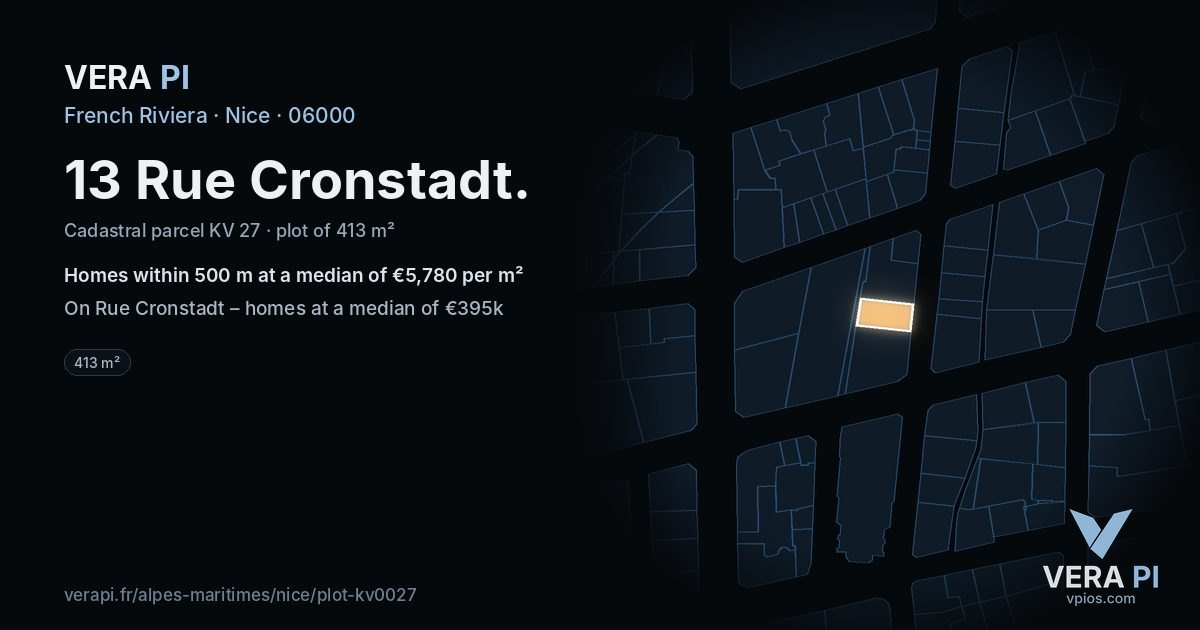 13 Rue Cronstadt, Nice at night – the plot lit, the parcels around coloured by the prices near them