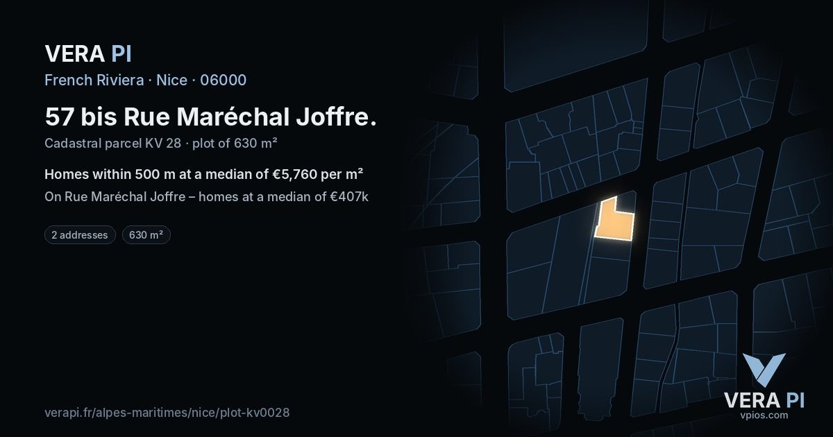 57 bis Rue Maréchal Joffre, Nice at night – the plot lit, the parcels around coloured by the prices near them