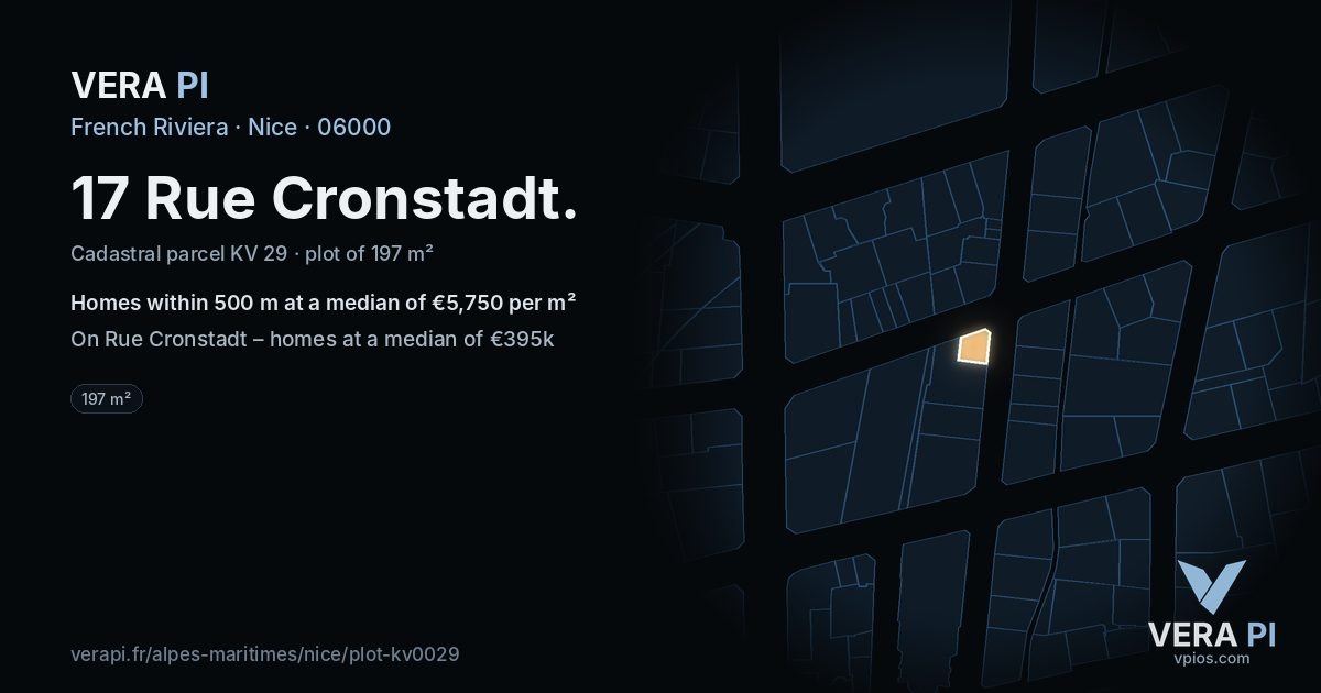 17 Rue Cronstadt, Nice at night – the plot lit, the parcels around coloured by the prices near them