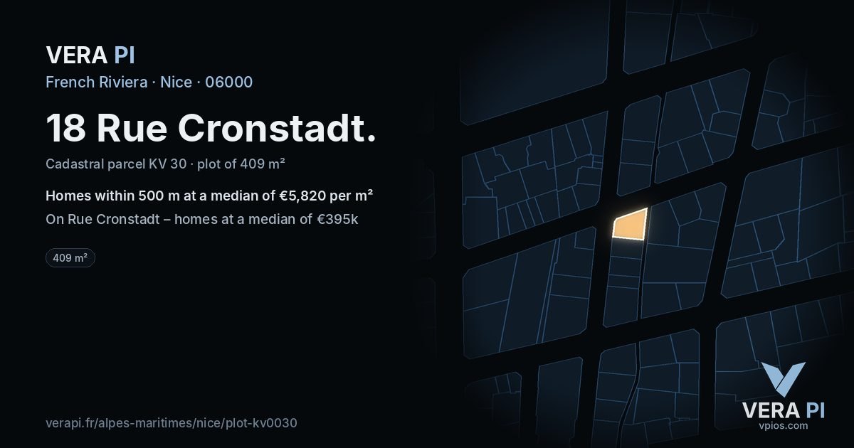 18 Rue Cronstadt, Nice at night – the plot lit, the parcels around coloured by the prices near them