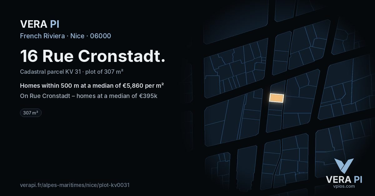 16 Rue Cronstadt, Nice at night – the plot lit, the parcels around coloured by the prices near them