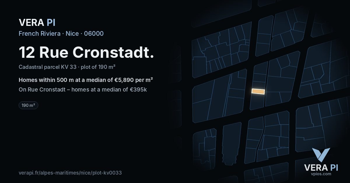 12 Rue Cronstadt, Nice at night – the plot lit, the parcels around coloured by the prices near them