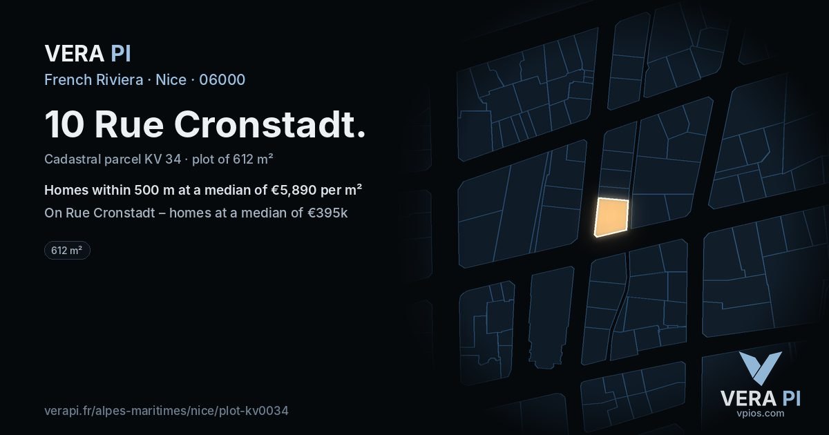 10 Rue Cronstadt, Nice at night – the plot lit, the parcels around coloured by the prices near them