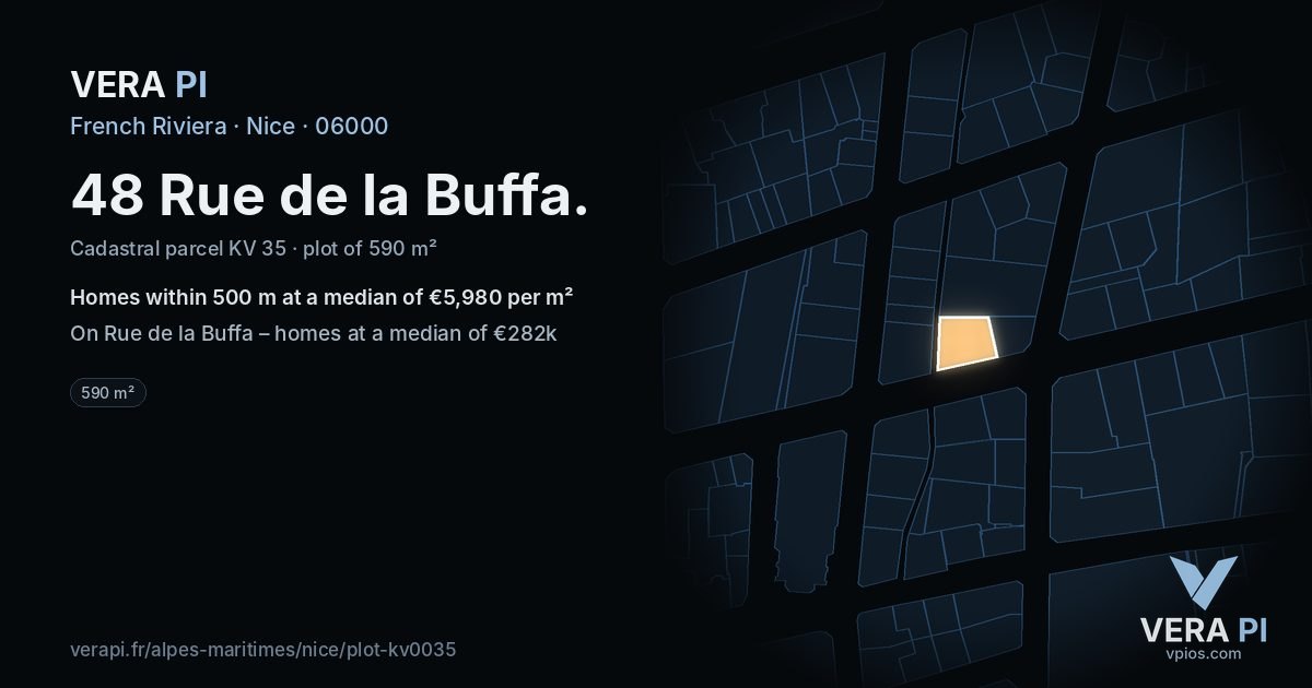 48 Rue de la Buffa, Nice at night – the plot lit, the parcels around coloured by the prices near them