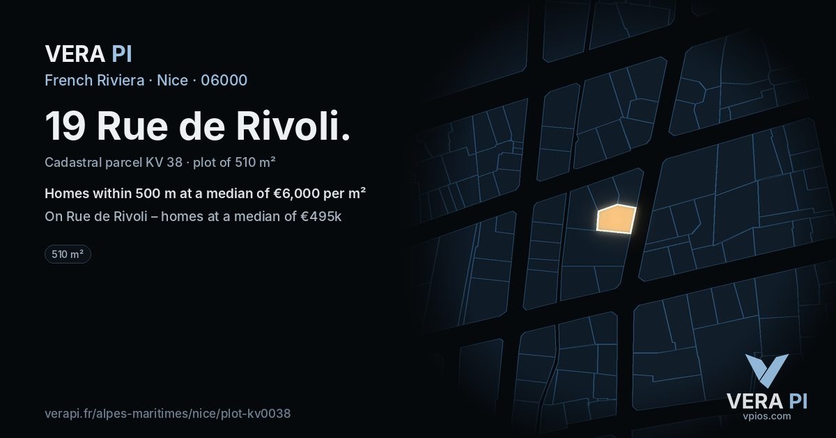 19 Rue de Rivoli, Nice at night – the plot lit, the parcels around coloured by the prices near them