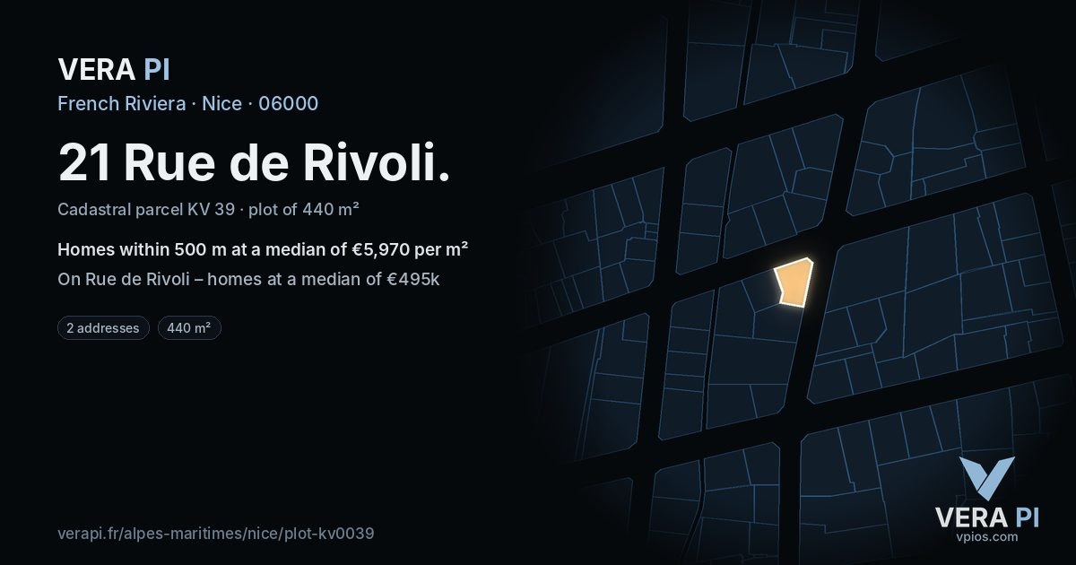 21 Rue de Rivoli, Nice at night – the plot lit, the parcels around coloured by the prices near them