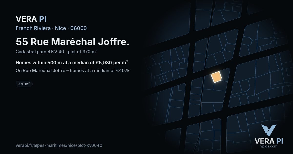 55 Rue Maréchal Joffre, Nice at night – the plot lit, the parcels around coloured by the prices near them