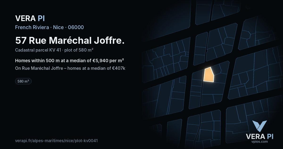 57 Rue Maréchal Joffre, Nice at night – the plot lit, the parcels around coloured by the prices near them