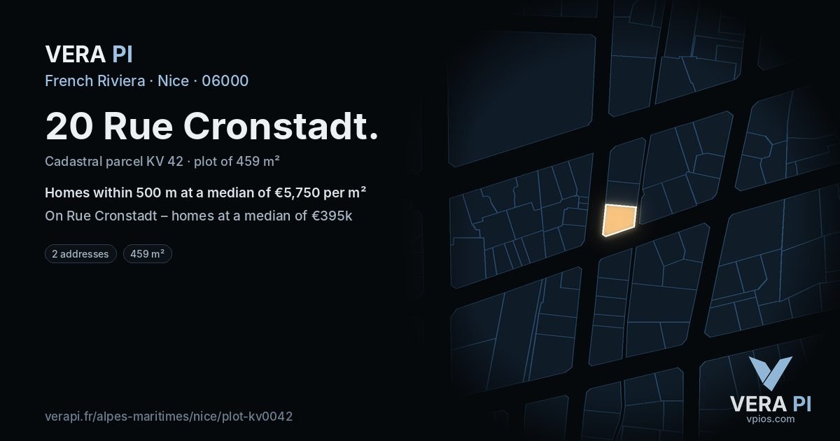 20 Rue Cronstadt, Nice at night – the plot lit, the parcels around coloured by the prices near them