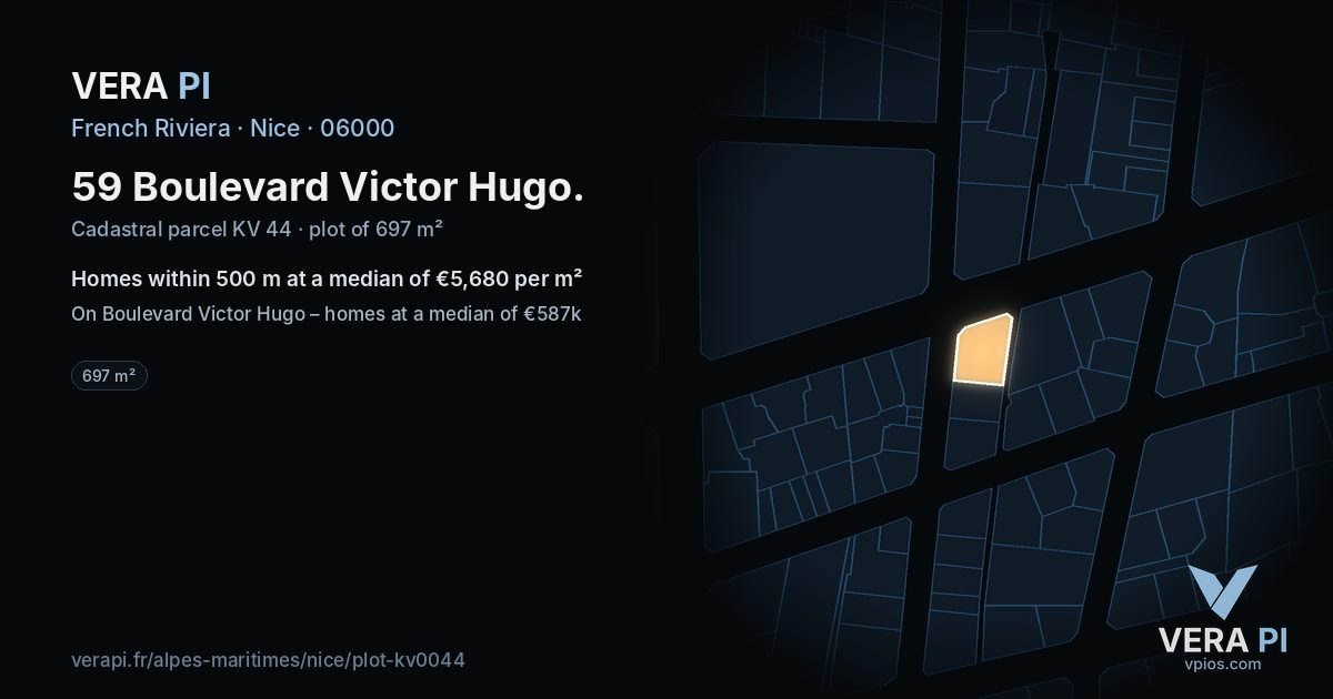 59 Boulevard Victor Hugo, Nice at night – the plot lit, the parcels around coloured by the prices near them