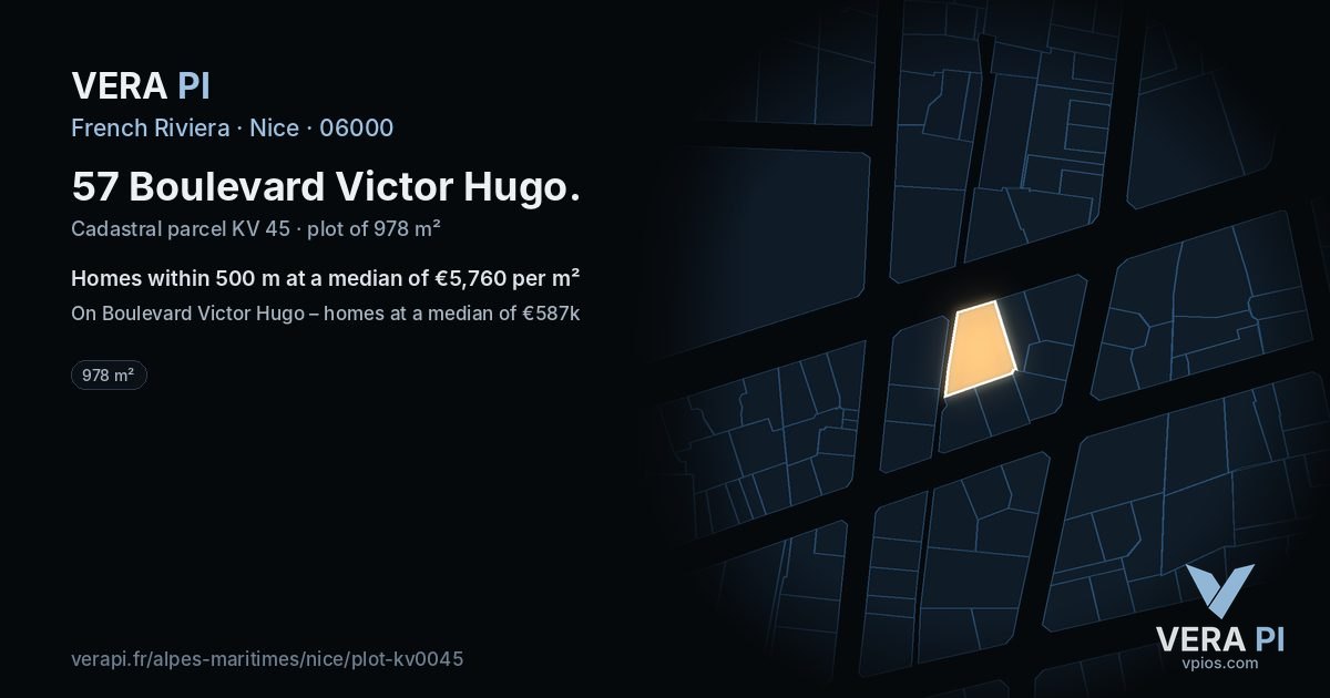 57 Boulevard Victor Hugo, Nice at night – the plot lit, the parcels around coloured by the prices near them