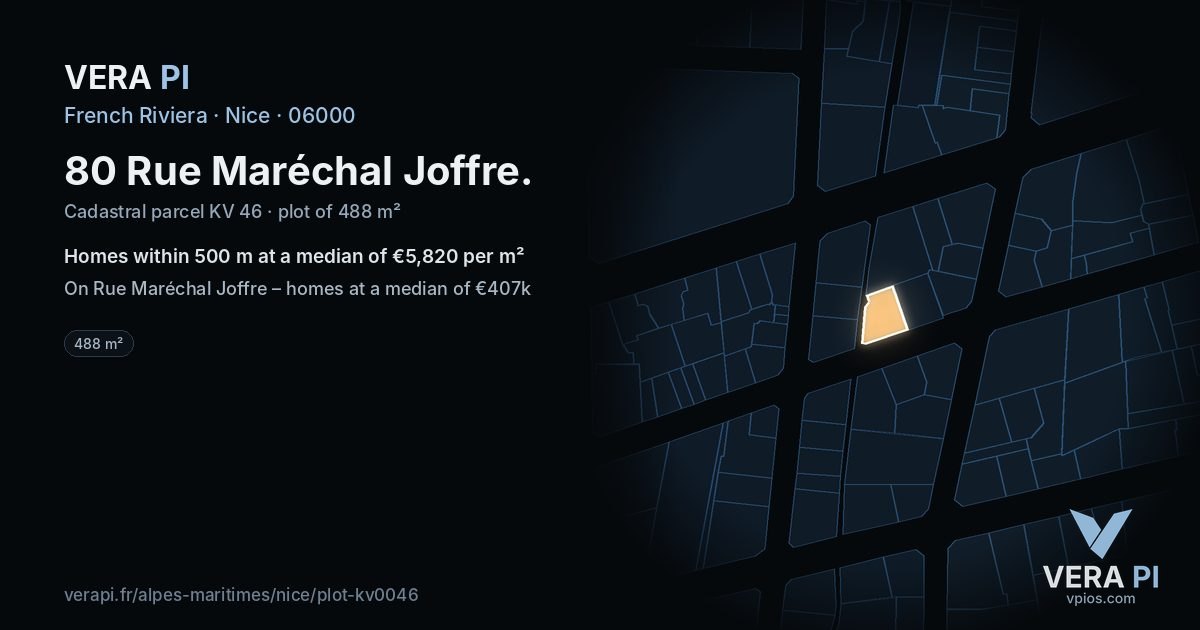 80 Rue Maréchal Joffre, Nice at night – the plot lit, the parcels around coloured by the prices near them