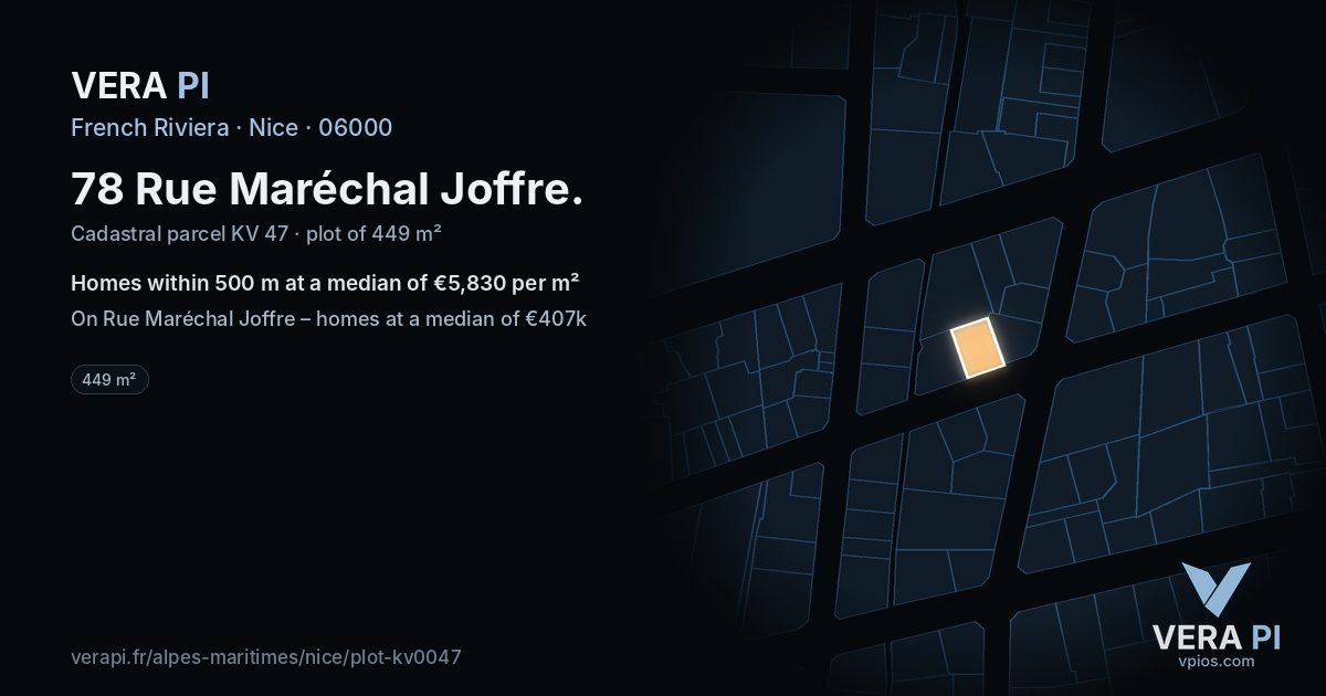 78 Rue Maréchal Joffre, Nice at night – the plot lit, the parcels around coloured by the prices near them