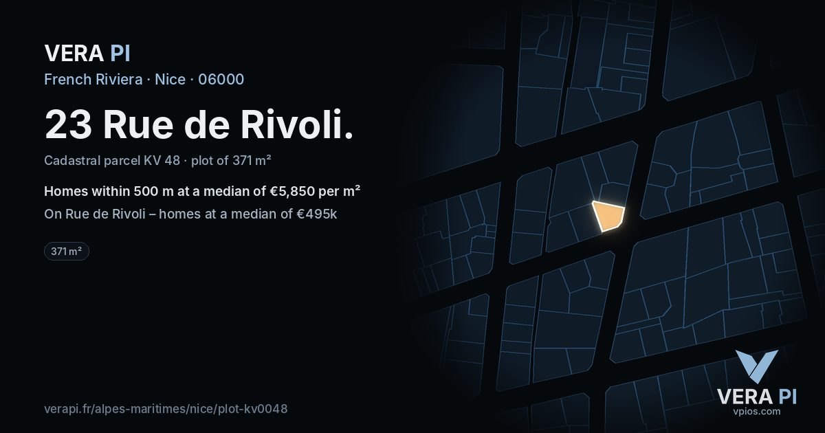 23 Rue de Rivoli, Nice at night – the plot lit, the parcels around coloured by the prices near them