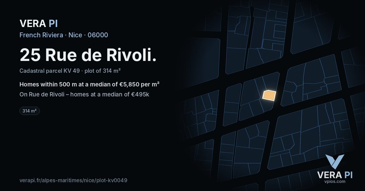 25 Rue de Rivoli, Nice at night – the plot lit, the parcels around coloured by the prices near them
