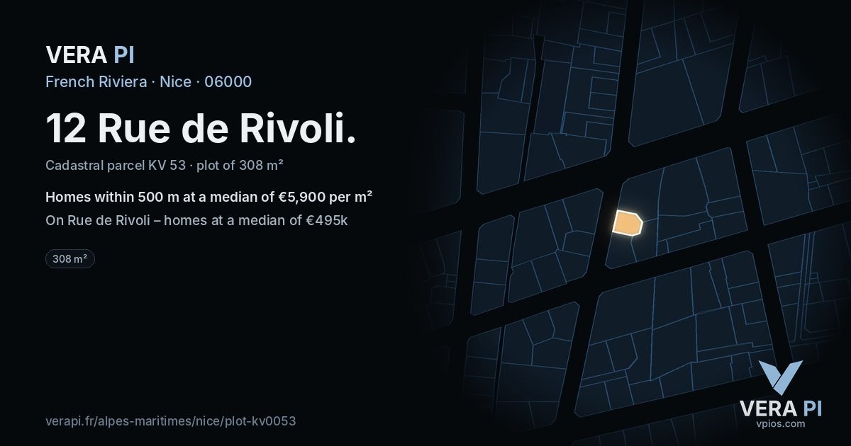 12 Rue de Rivoli, Nice at night – the plot lit, the parcels around coloured by the prices near them