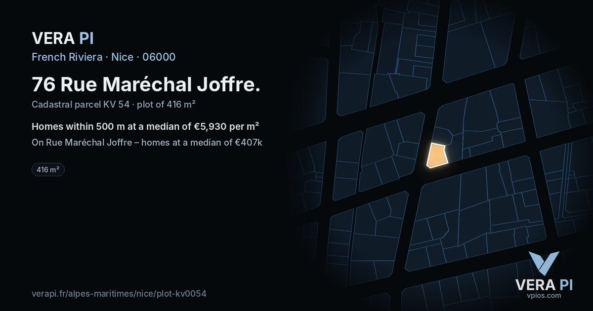 76 Rue Maréchal Joffre, Nice at night – the plot lit, the parcels around coloured by the prices near them