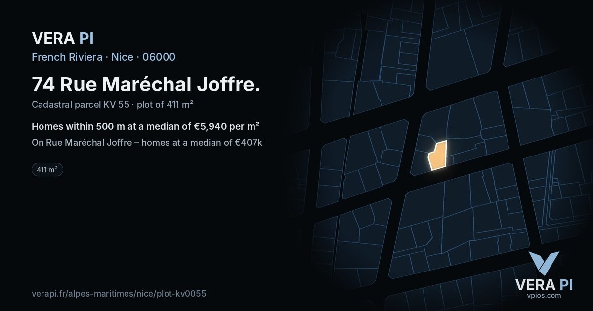 74 Rue Maréchal Joffre, Nice at night – the plot lit, the parcels around coloured by the prices near them