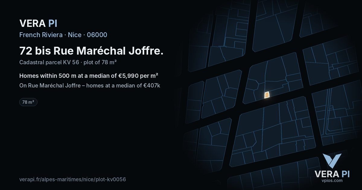 72 bis Rue Maréchal Joffre, Nice at night – the plot lit, the parcels around coloured by the prices near them