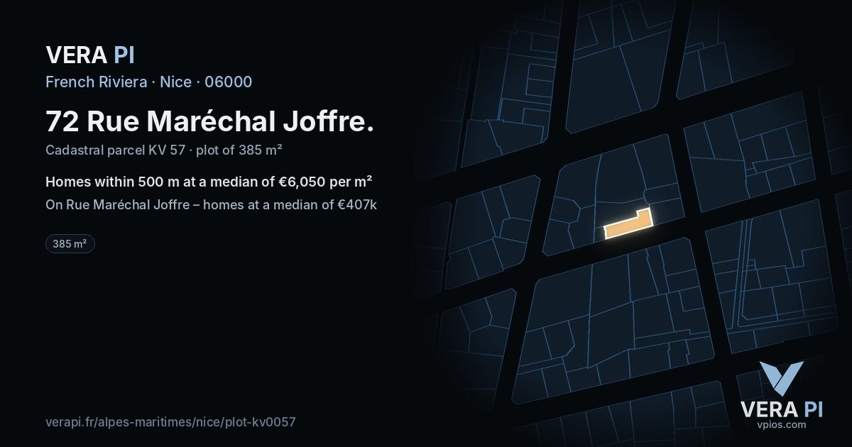 72 Rue Maréchal Joffre, Nice at night – the plot lit, the parcels around coloured by the prices near them