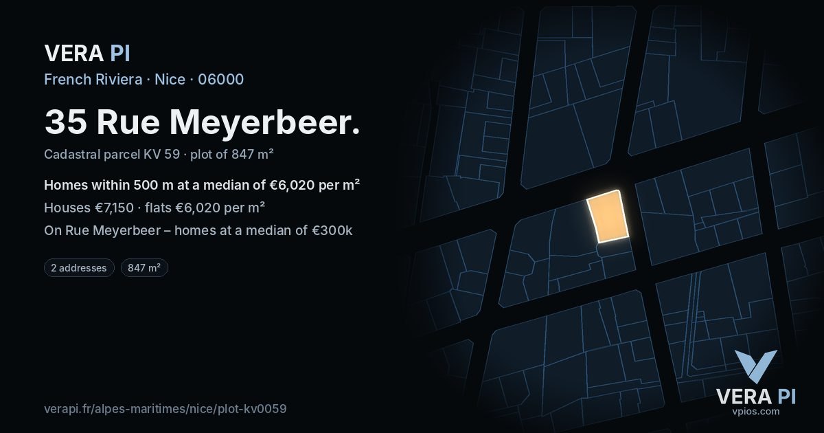 35 Rue Meyerbeer, Nice at night – the plot lit, the parcels around coloured by the prices near them