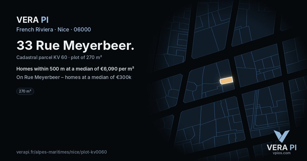 33 Rue Meyerbeer, Nice at night – the plot lit, the parcels around coloured by the prices near them