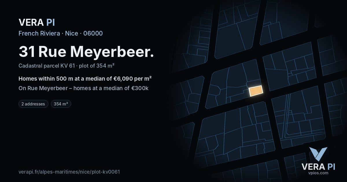 31 Rue Meyerbeer, Nice at night – the plot lit, the parcels around coloured by the prices near them