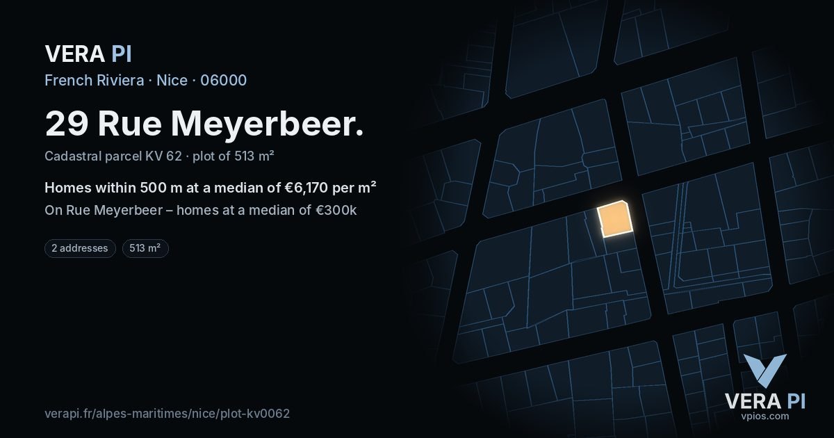 29 Rue Meyerbeer, Nice at night – the plot lit, the parcels around coloured by the prices near them