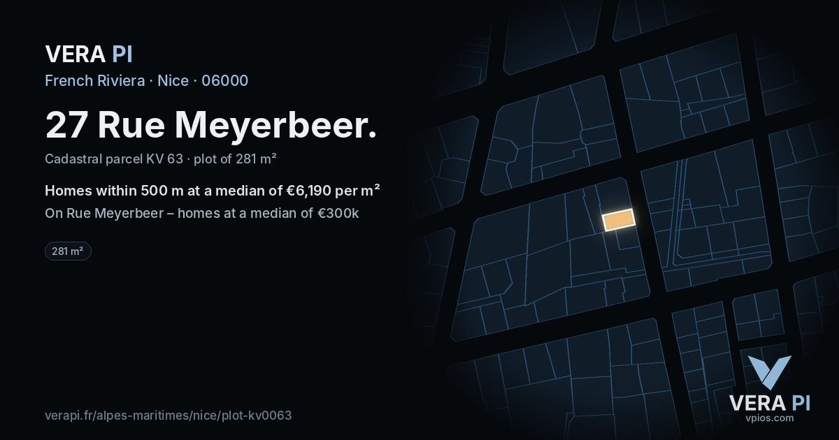 27 Rue Meyerbeer, Nice at night – the plot lit, the parcels around coloured by the prices near them