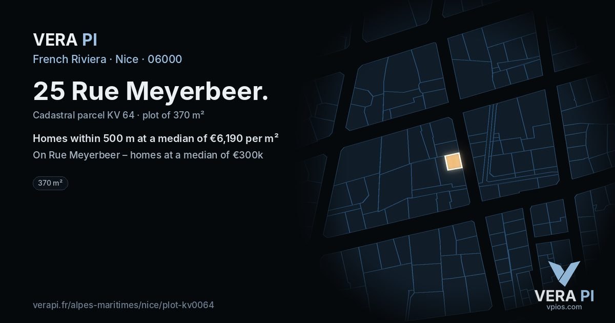 25 Rue Meyerbeer, Nice at night – the plot lit, the parcels around coloured by the prices near them